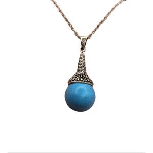 Sterling Silver Marcasite Elegant Turquoise Solitaire Pendant Marked "NTH"
